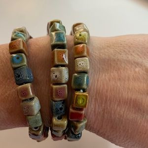 3 Square Ceramic Multicolored Bead Bracelet  7" Stretchy Bracelet